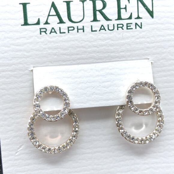 LAUREN Ralph Lauren Earrings Pave Crystal Double Ring Jacketed Silver Tone Studs - Picture 1 of 10
